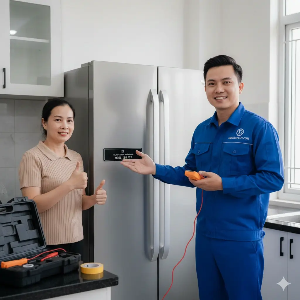 Kỹ thuật viên Dienmaylanh.com đang sửa tủ lạnh Thủ Đức tại nhà cho khách hàng