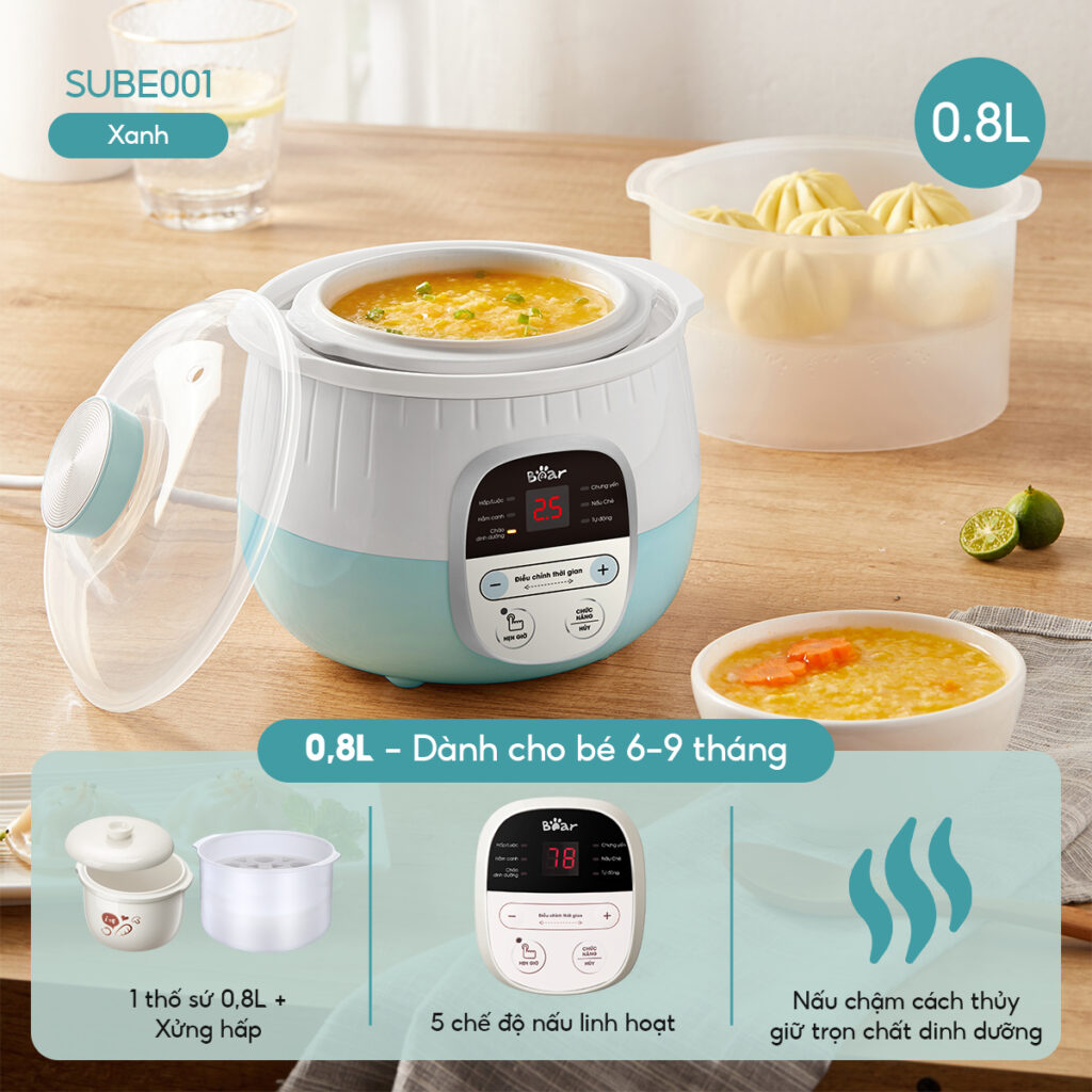 Nồi Nấu Cháo Chậm Bear 0.8L SUBE001 - Nồi Cách Thủy Chưng Yến 6 Chế Độ