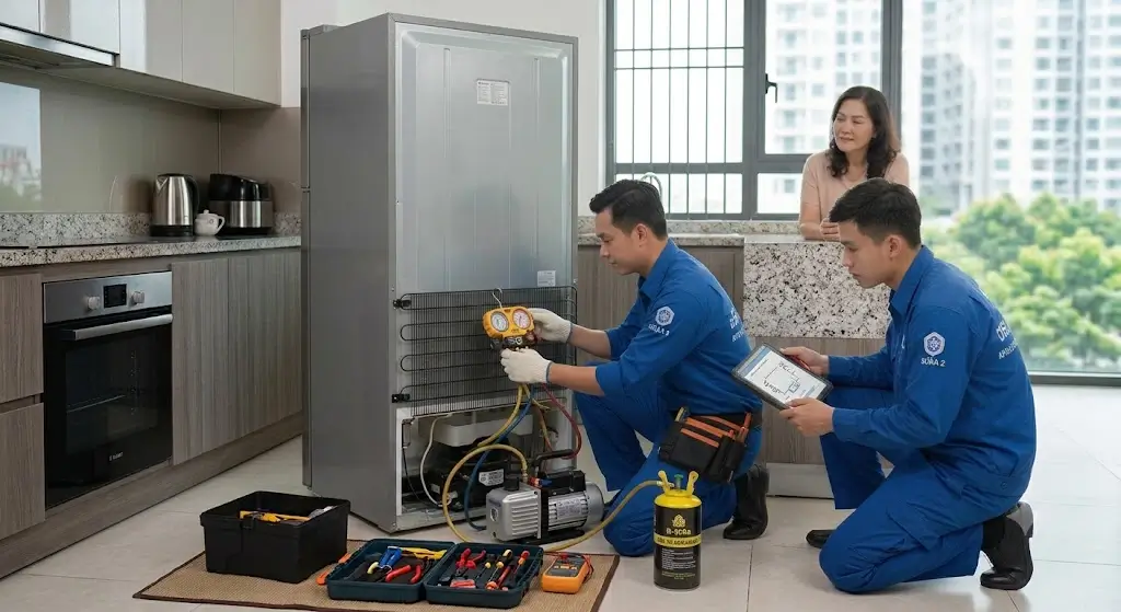 Thợ sửa tủ lạnh Quận 2 thực hiện hút chân không và nạp gas tại nhà