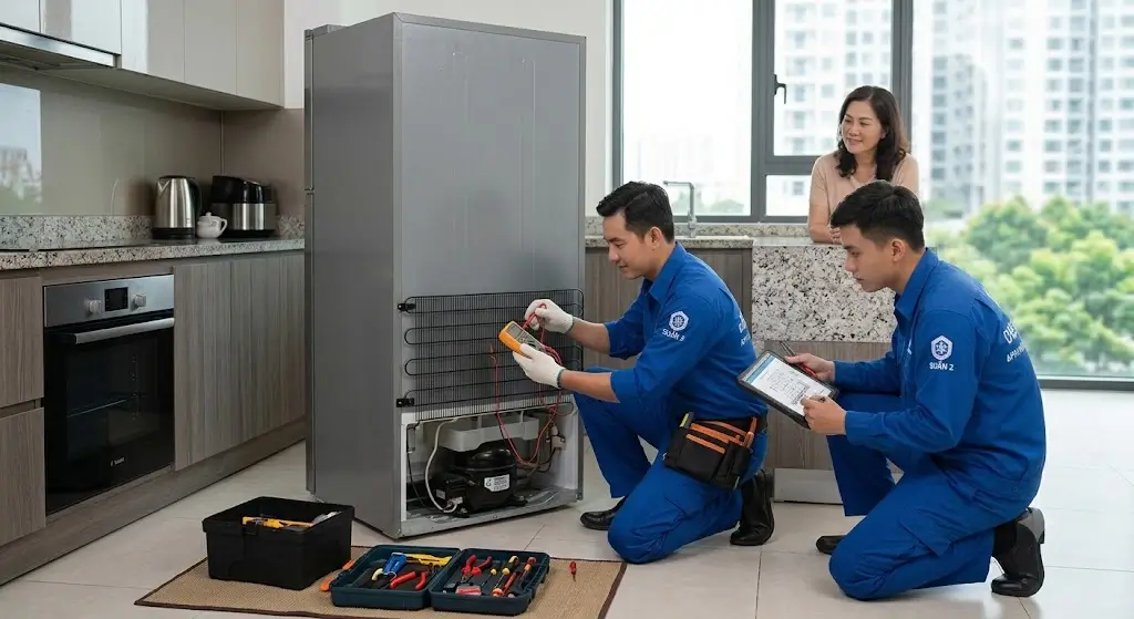 Thao tác đo kiểm tra bộ xả đá và cảm biến khi sửa tủ lạnh tại Quận 2