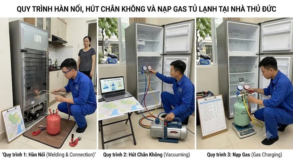 Quy trình hàn hút chân không và nạp gas khi sửa tủ lạnh Thủ Đức