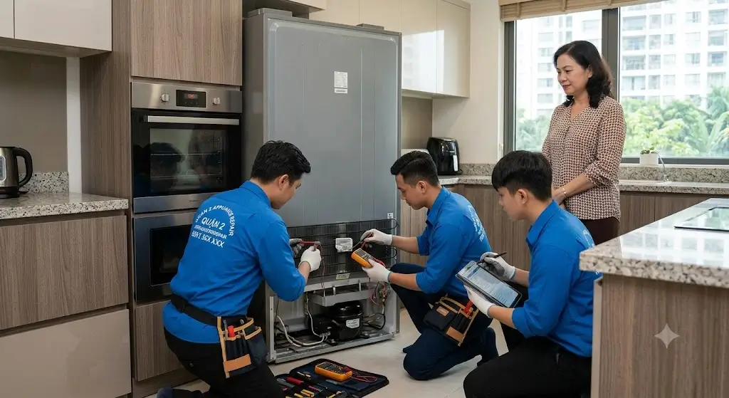 Thợ sửa tủ lạnh Quận 2 kiểm tra thiết bị tại nhà cho khách hàng