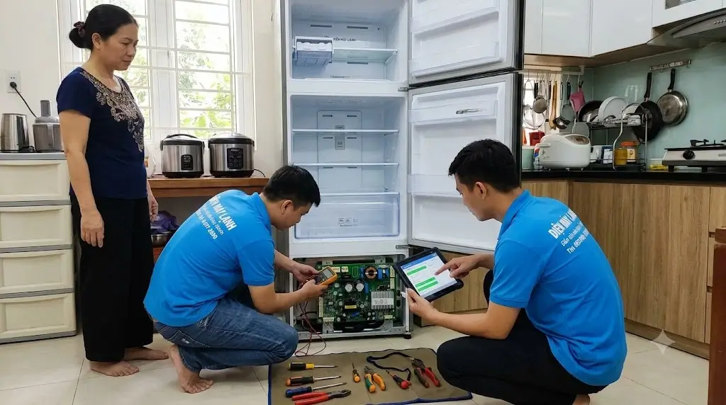 Thợ sửa tủ lạnh Inverter kiểm tra bo mạch và thiết bị tại nhà