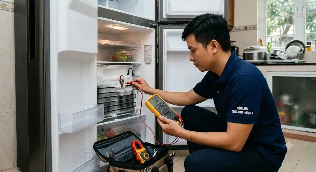 Thao tác đo thông số linh kiện khi sửa tủ lạnh tại Quận 9