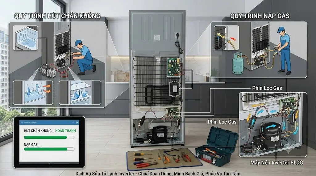 Quy trình nạp gas và hút chân không khi sửa tủ lạnh Inverter
