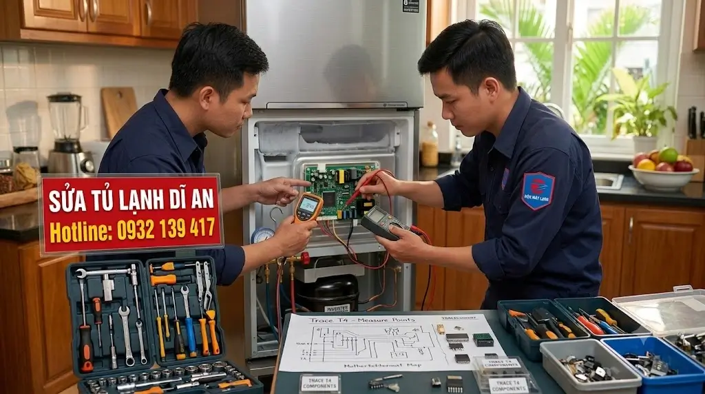 Đo kiểm tra cảm biến khi sửa tủ lạnh tại Dĩ An