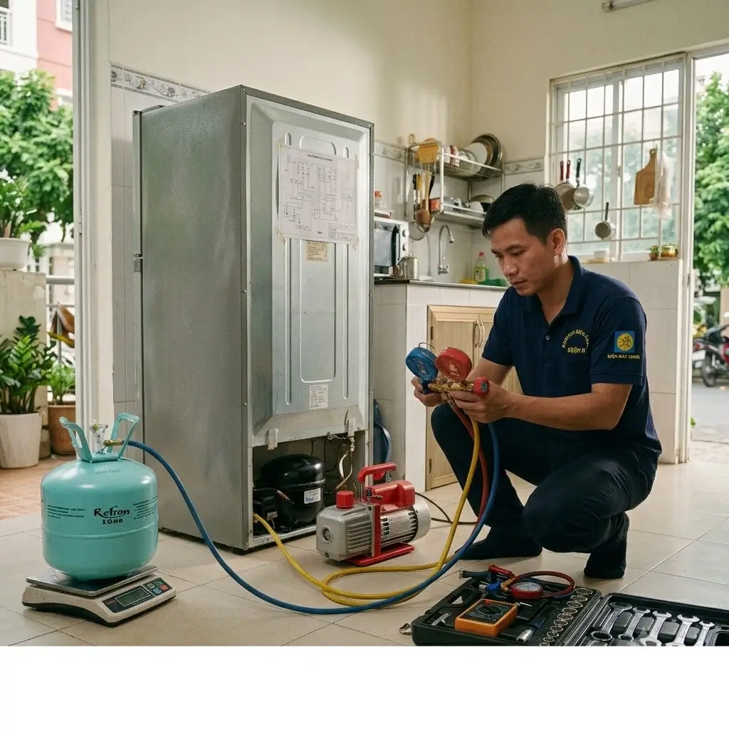 Thợ sửa tủ lạnh Quận 9 đang hút chân không và nạp gas tại nhà
