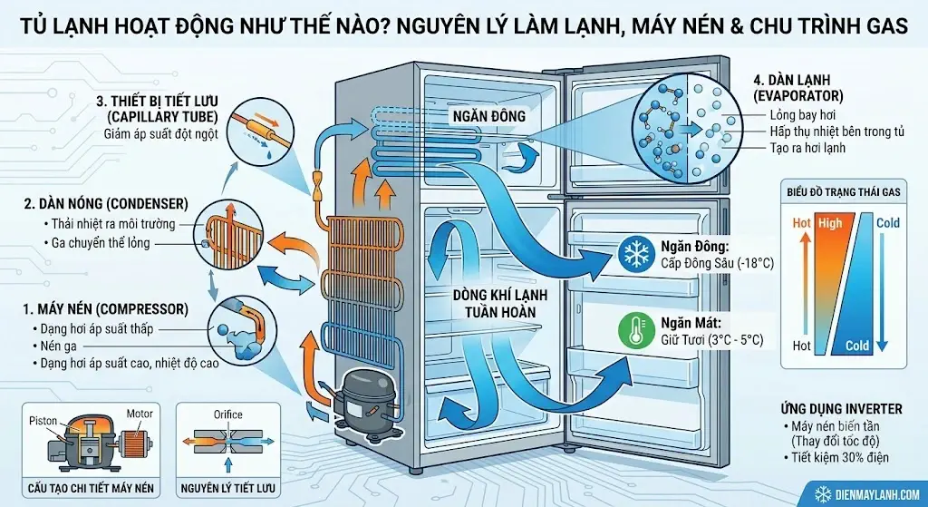 Tủ Lạnh Hoạt Động Như Thế Nào? Nguyên Lý Làm Lạnh, Máy Nén & Chu Trình Gas