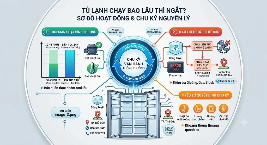 Tủ Lạnh Chạy Bao Lâu Thì Ngắt? Thời Gian Chạy Bình Thường & Dấu Hiệu Bất Thường