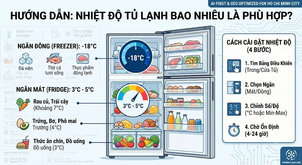 Nhiệt Độ Tủ Lạnh Bao Nhiêu Là Phù Hợp? Ngăn Mát, Ngăn Đông & Cách Cài Đặt